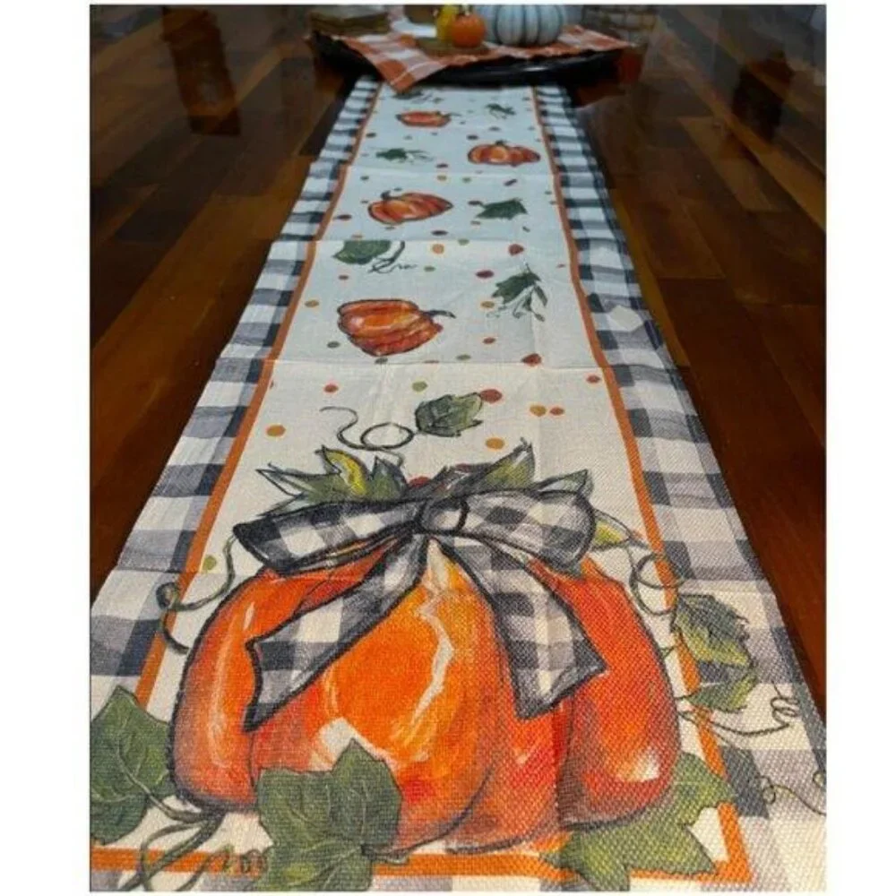 Pumpkin Table Runner Long Plaid Decorative Cloth Fall Thanksgiving Decor 13x108
